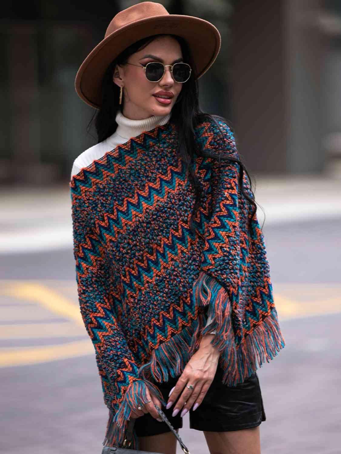 Shiny Fringe Hem Boat Neck Poncho - Chic Yana's Fashion