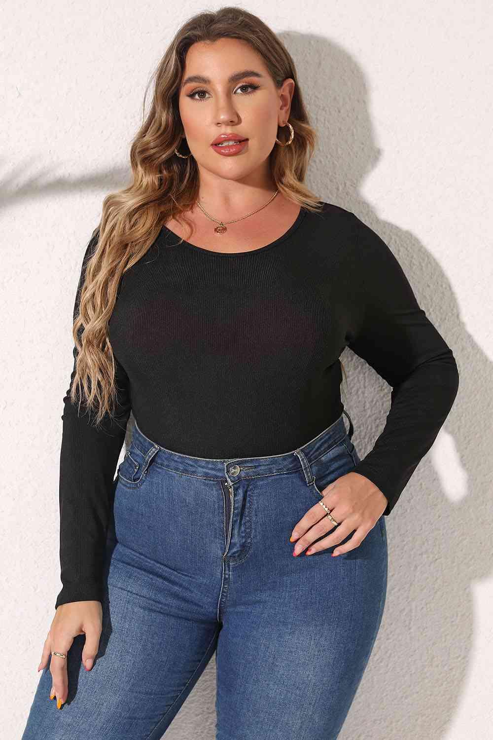 Plus Size Round Neck Long Sleeve Bodysuit - Chic Yana's Fashion