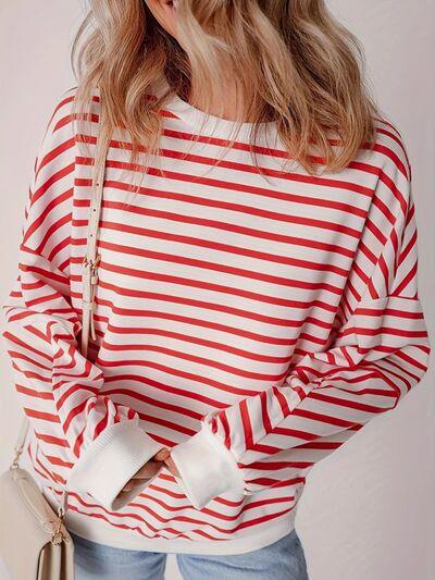 Full Size Striped Round Neck Long Sleeve Sweatshirt Plus Size - Chic Yana's Fashion