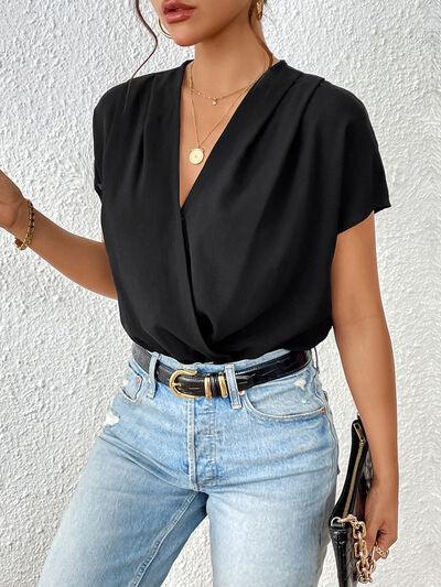 Perfee Surplice Short Sleeve Ruched Bodysuit - Chic Yana's Fashion