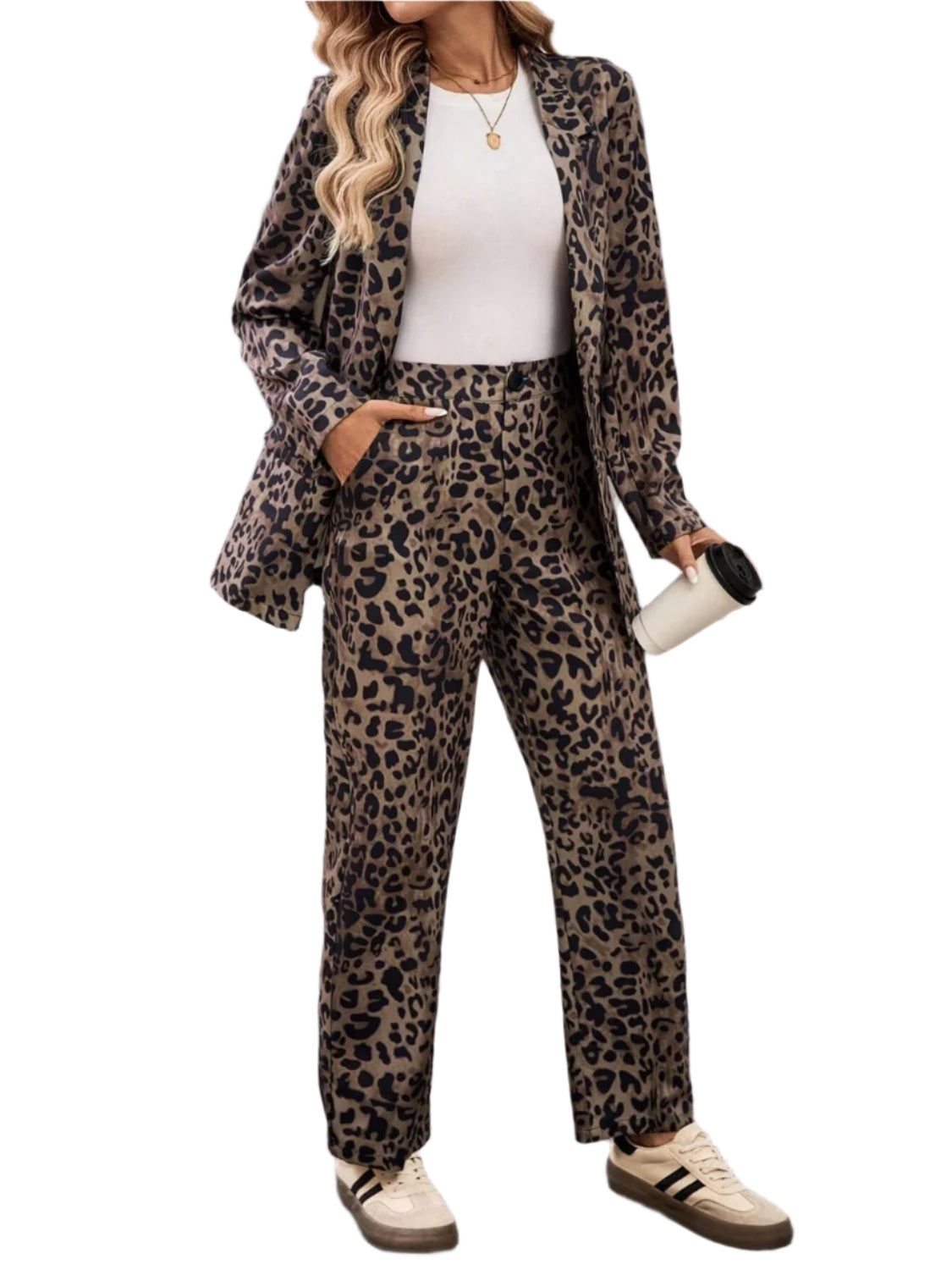 Full Size Leopard Lapel Collar Long Sleeve Blazer and Pants Set - Shop Now at Chic Yana's Fashion