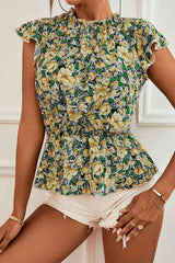 Floral Mock Neck Flutter Sleeve Peplum Top - Chic Yana's Fashion