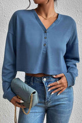 Ivy Lane Cropped V Neck Raglan Sleeve Buttoned Blouse - Chic Yana's Fashion