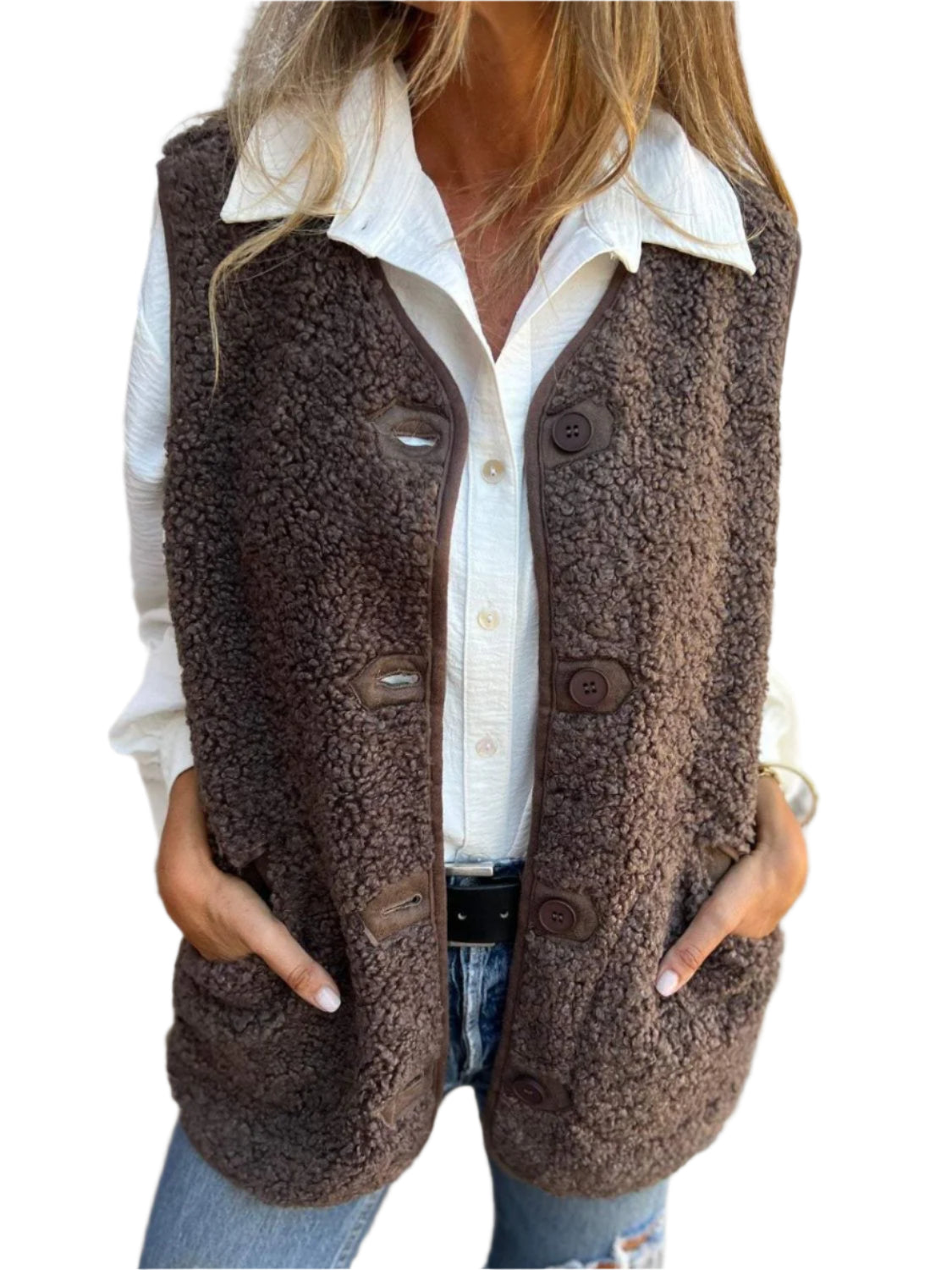 Full Size Pocketed Button Up V-Neck Sherpa Vest - Chic Yana’s Fashion