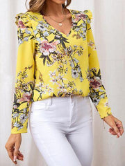 Ruffled Printed V Neck Long Sleeve Blouse - Chic Yana's Fashion