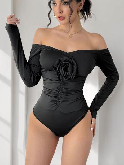 Perfee Ruched Flower Off Shoulder Long Sleeve Bodysuit - Chic Yana's Fashion