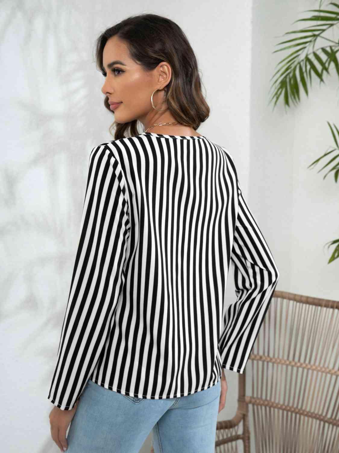 Striped Long Sleeve Notched Blouse - Chic Yana's Fashion