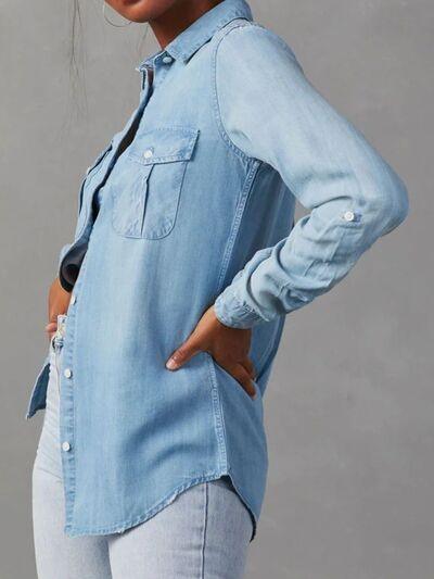 Collared Neck Roll Tab Sleeve Denim Top - Chic Yana's Fashion