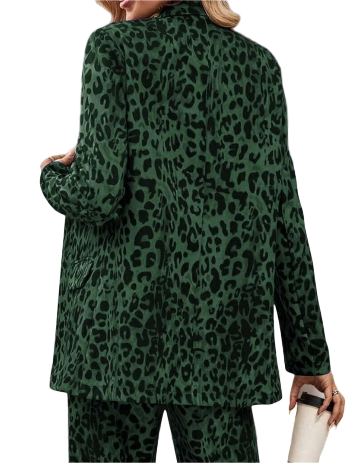 Full Size Leopard Lapel Collar Long Sleeve Blazer and Pants Set - Shop Now at Chic Yana's Fashion