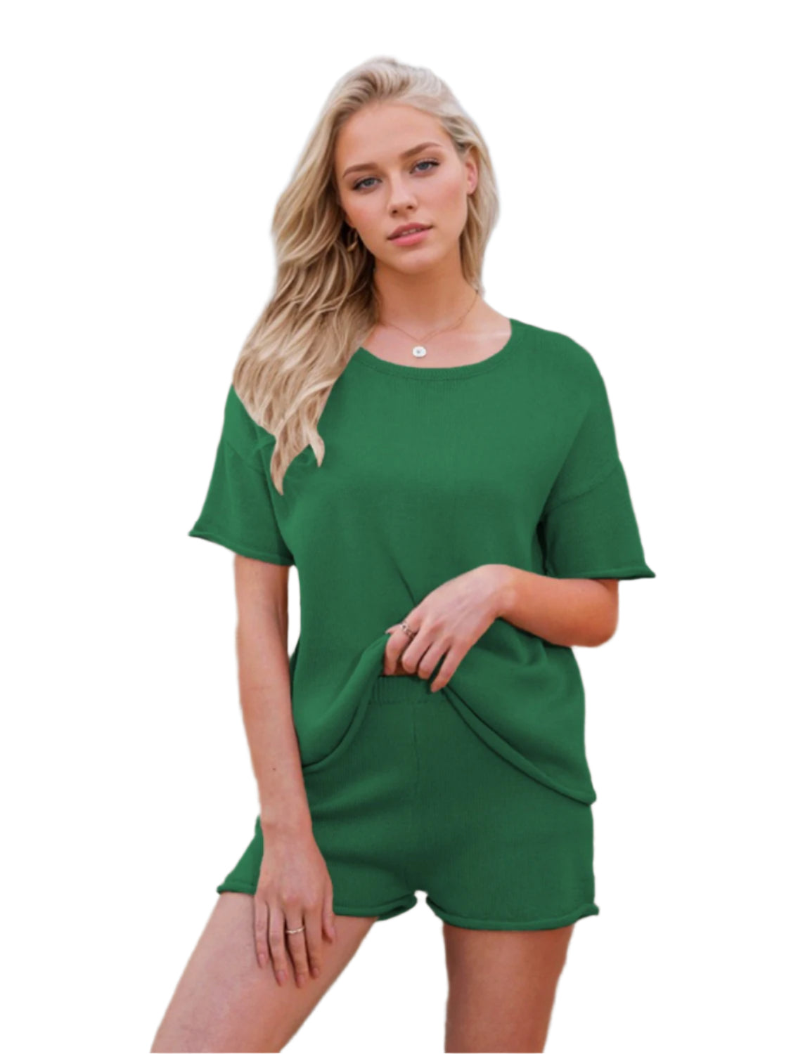 Round Neck Short Sleeve Top and Shorts Sweater Set - Shop Now at Chic Yana's Fashion