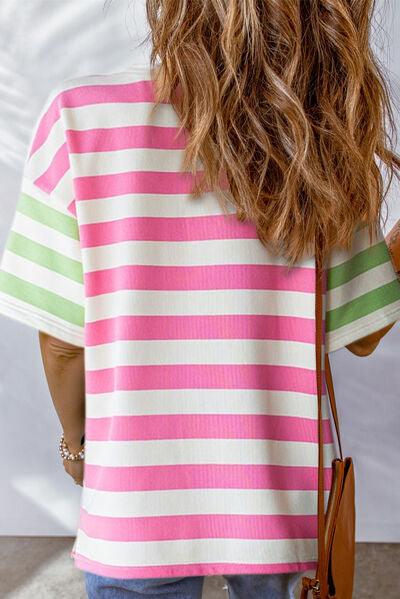 Contrast Striped Round Neck Half Sleeve T Shirt - Chic Yana's Fashion