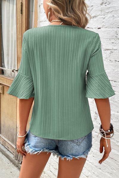 Textured V Neck Flounce Sleeve Blouse - Chic Yana's Fashion