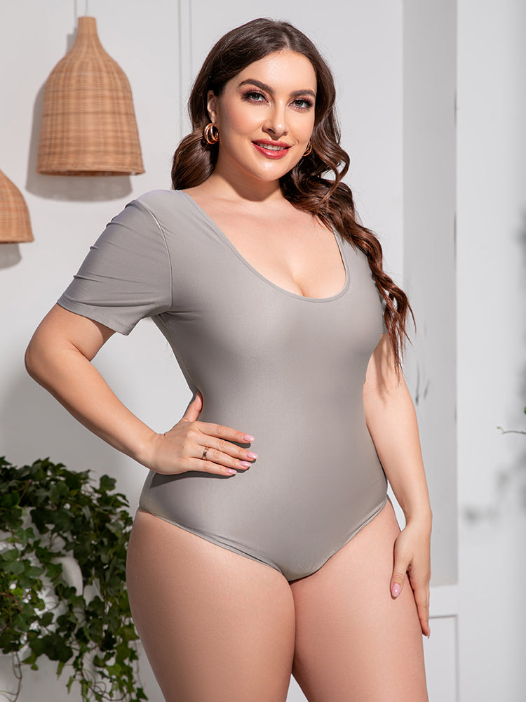 Plus Size Scoop Neck Short Sleeve One Piece Swimsuit - Stylish and Trendy Women's Fashion from Chic Yana's Fashion