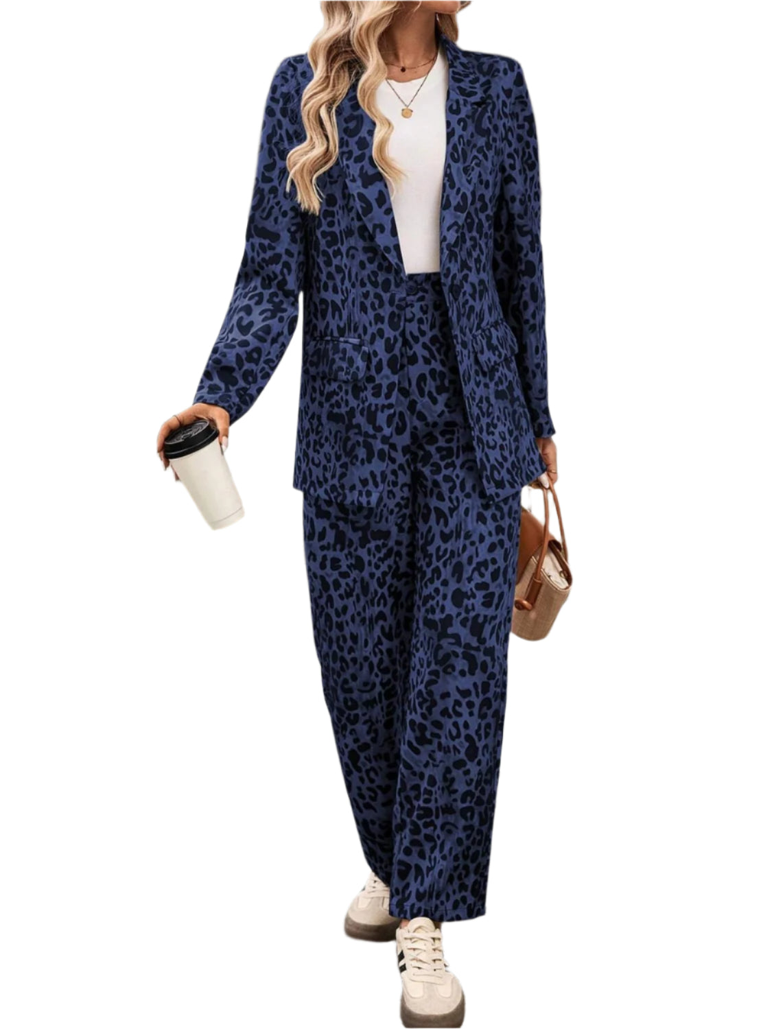 Full Size Leopard Lapel Collar Long Sleeve Blazer and Pants Set - Shop Now at Chic Yana's Fashion