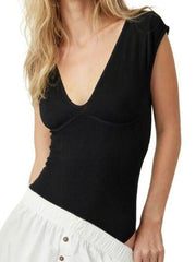 Perfee V Neck Cap Sleeve Bodysuit - Chic Yana's Fashion