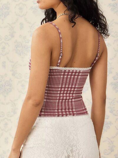 Lace Detail Plaid Square Neck Cami - Chic Yana's Fashion