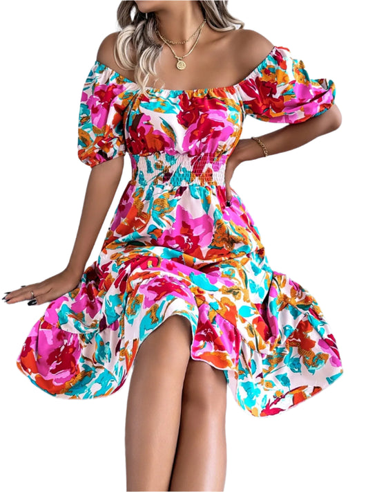 Ruffled Hem Smocked Floral Short Sleeve Midi Dress - Women's Fashion Romper - Chic Yana's Fashion