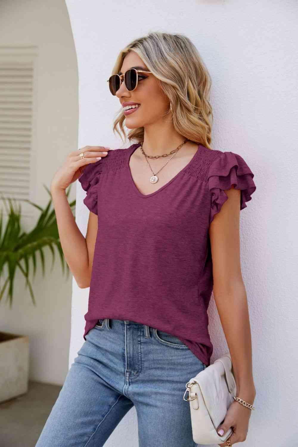 Smocked Flutter Sleeve V Neck Top - Chic Yana's Fashion