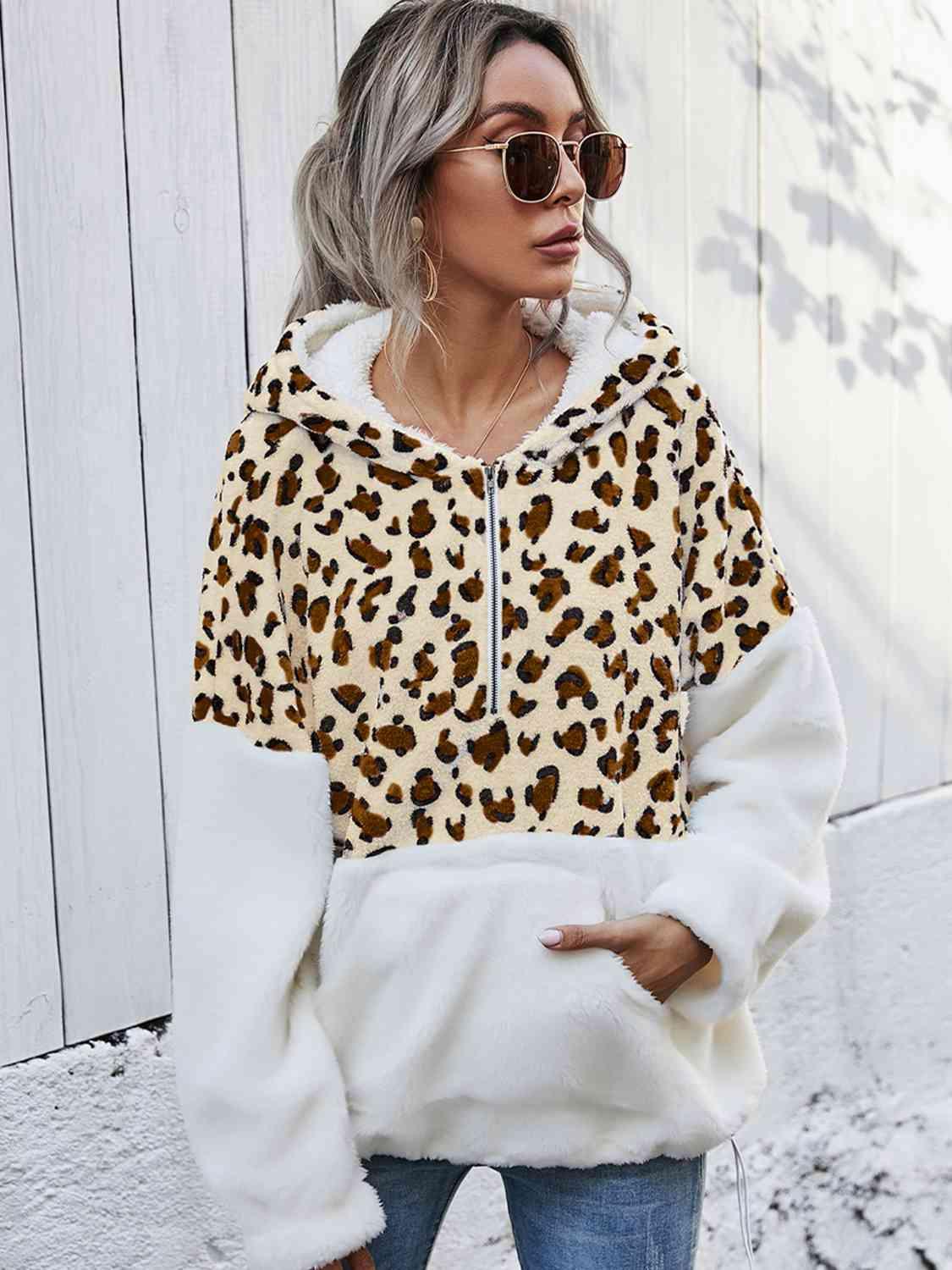 Shiny Leopard Half Zip Dropped Shoulder Hoodie - Chic Yana's Fashion