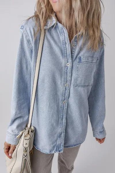 Pocketed Collared Neck Denim Top - Chic Yana's Fashion