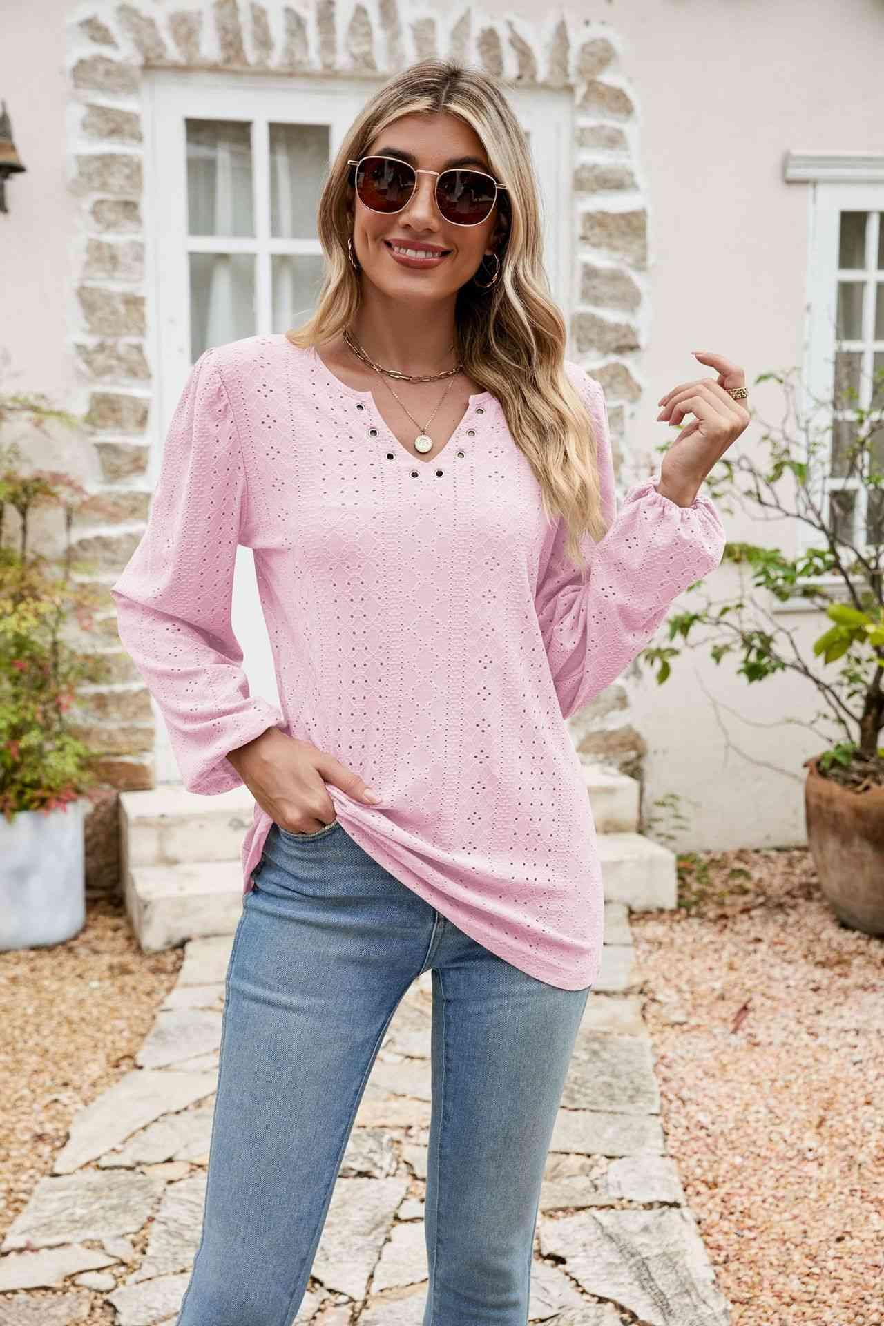 Eyelet Notched Neck Balloon Sleeve Blouse - Chic Yana's Fashion