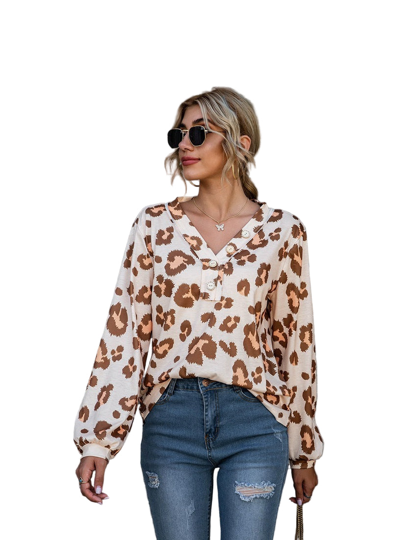 Chic Yana Fashion Leopard Print V-Neck Long Sleeve Women's T Shirt