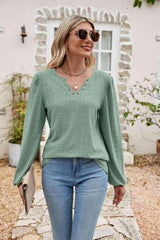 Eyelet Notched Neck Balloon Sleeve Blouse - Chic Yana's Fashion