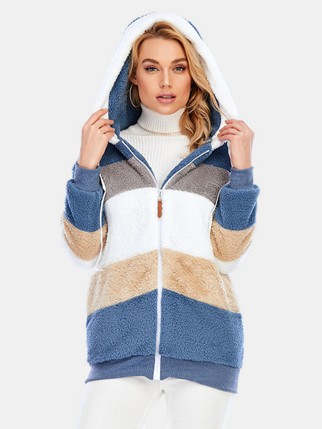 Full Size Drawstring Color Block Zip Up Hooded Outerwear - Chic Yana’s Fashion