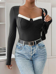 Perfee Ribbed Contrast Long Sleeve Bodysuit - Chic Yana's Fashion