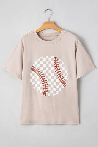 Contrast Checkered Baseball Graphic Round Neck Short Sleeve T Shirt - Chic Yana's Fashion