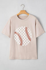 Contrast Checkered Baseball Graphic Round Neck Short Sleeve T Shirt - Chic Yana's Fashion