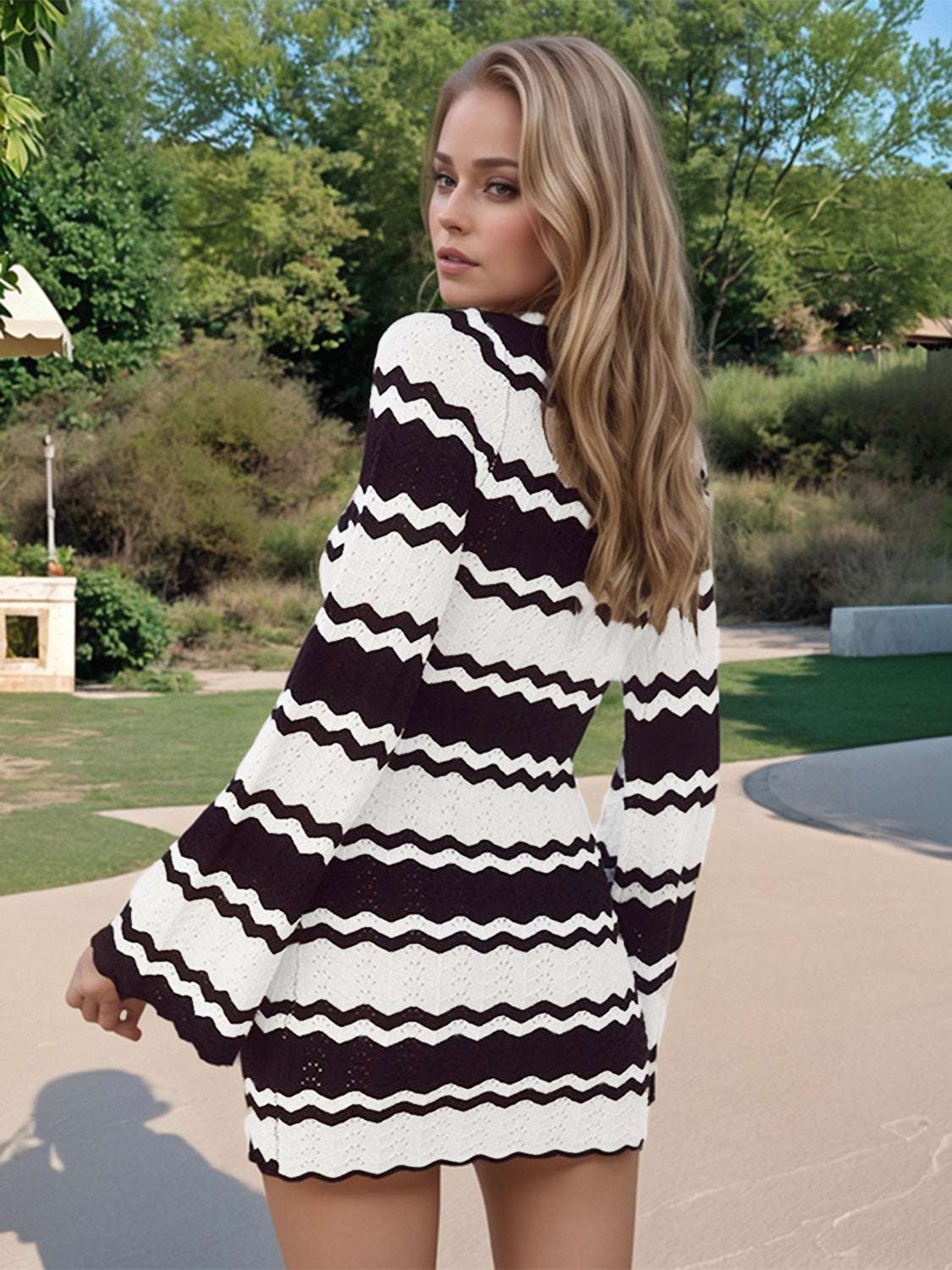 Wavy Striped Tied Front Long Sleeve Cover Up Dress - Stylish and Trendy Women's Fashion from Chic Yana's Fashion