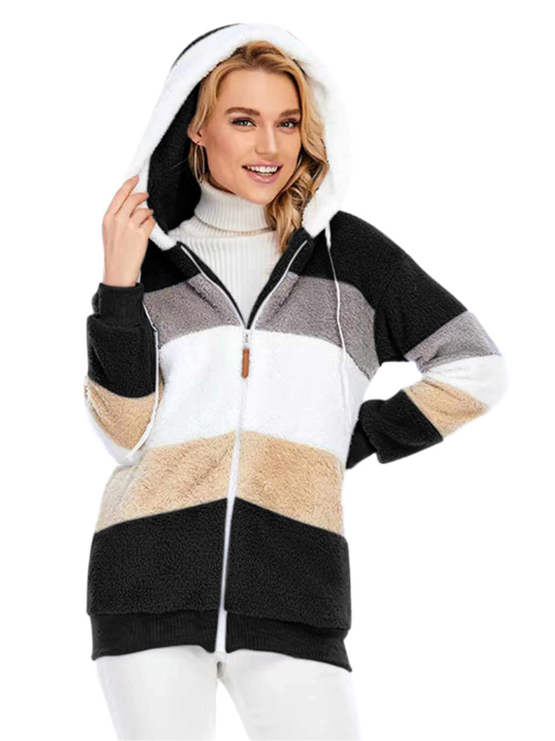 Full Size Drawstring Color Block Zip Up Hooded Outerwear - Chic Yana’s Fashion