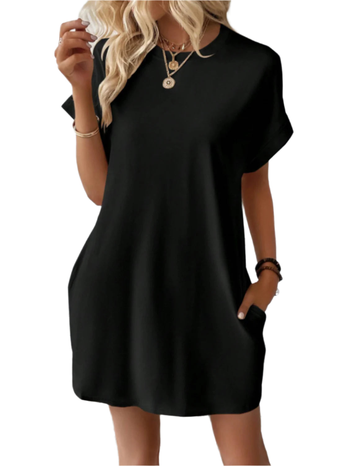 Round Neck Short Sleeve Mini Tee Dress with Pockets - High-Quality Fashion | Chic Yana