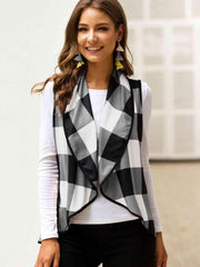 Shiny Plaid Open Front Sleeveless Cardigan - Chic Yana's Fashion