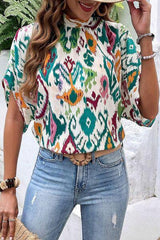 Printed Mock Neck Half Sleeve Blouse - Chic Yana's Fashion