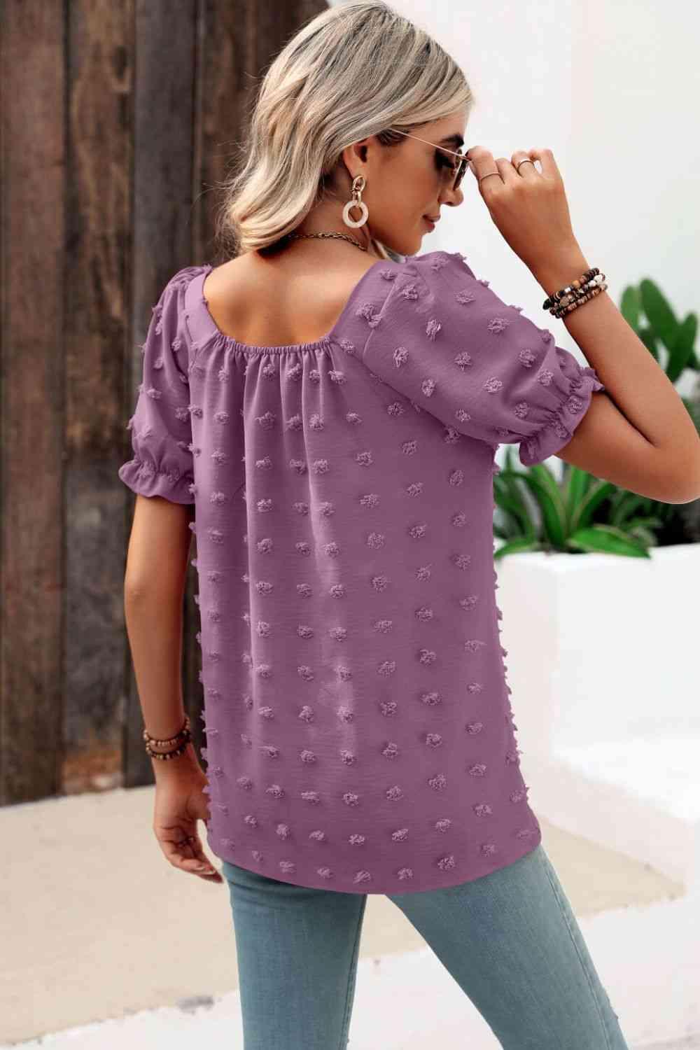 Mandy Swiss Dot Puff Sleeve Square Neck Blouse - Chic Yana's Fashion