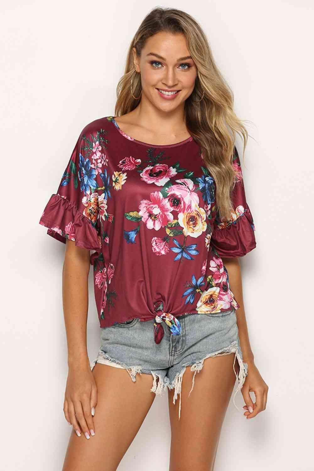 Shiny Floral Tie Hem Flounce Sleeve Top - Chic Yana's Fashion