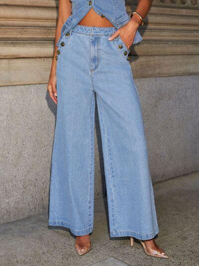 Button Decor High Rise Wide Leg Jeans - Chic Yana's Fashion