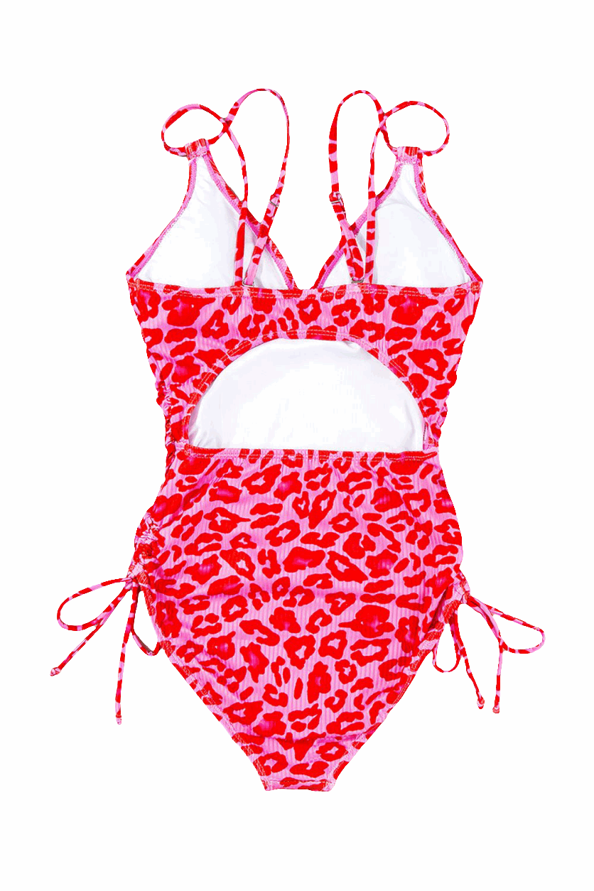 Leopard Cutout Ribbed Side Drawstring One-Piece Swimsuit