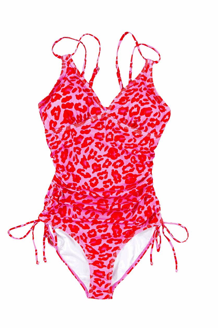 Leopard Cutout Ribbed Side Drawstring One-Piece Swimsuit