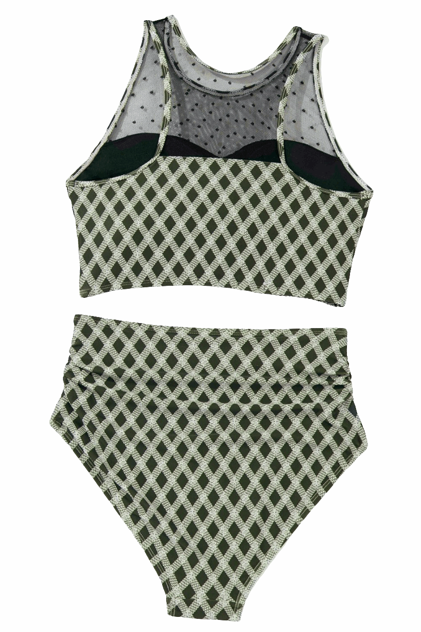 Dotted Mesh Plaid Patchwork High Waisted Swim Set