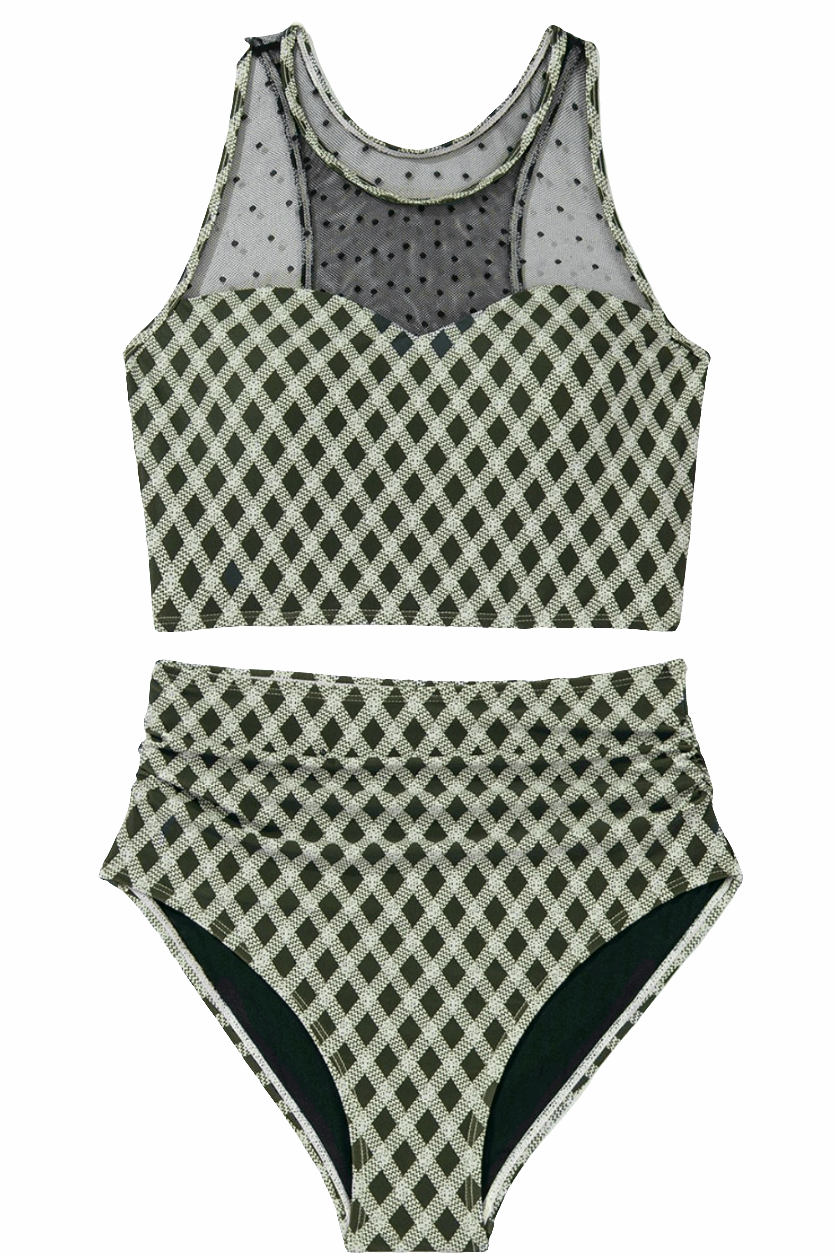 Dotted Mesh Plaid Patchwork High Waisted Swim Set