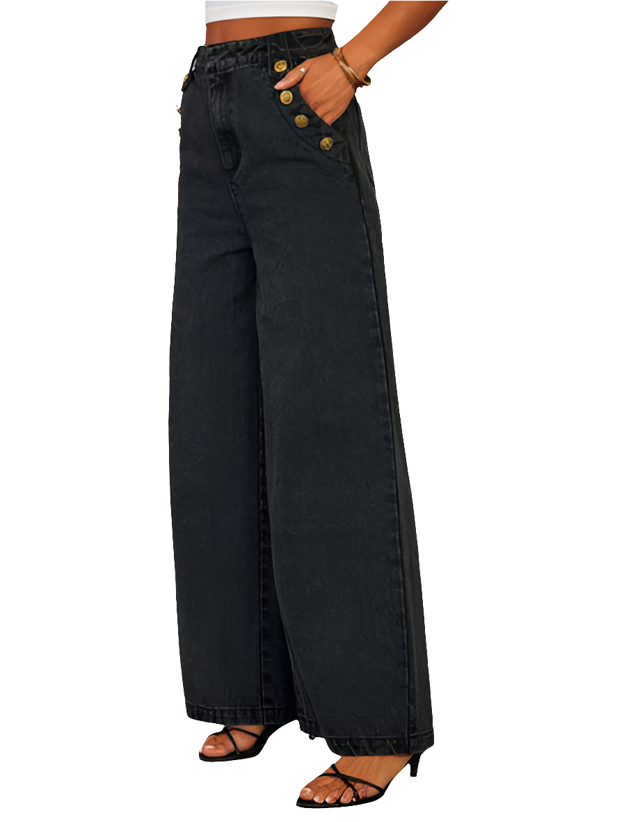 Button Decor High Rise Wide Leg Jeans