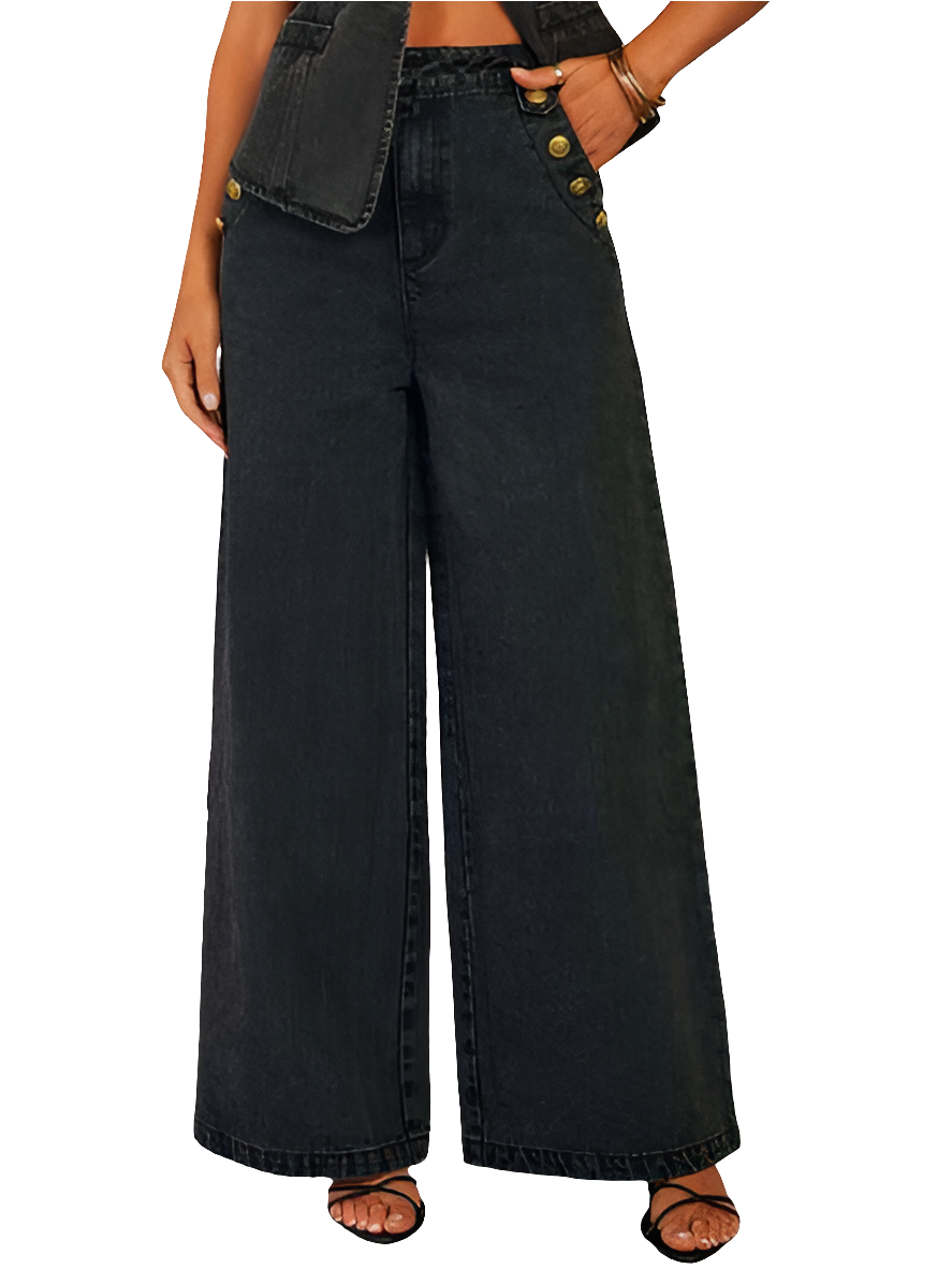 Button Decor High Rise Wide Leg Jeans
