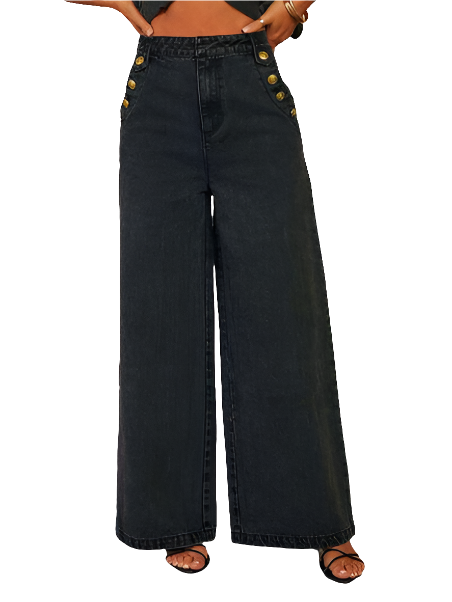 Button Decor High Rise Wide Leg Jeans