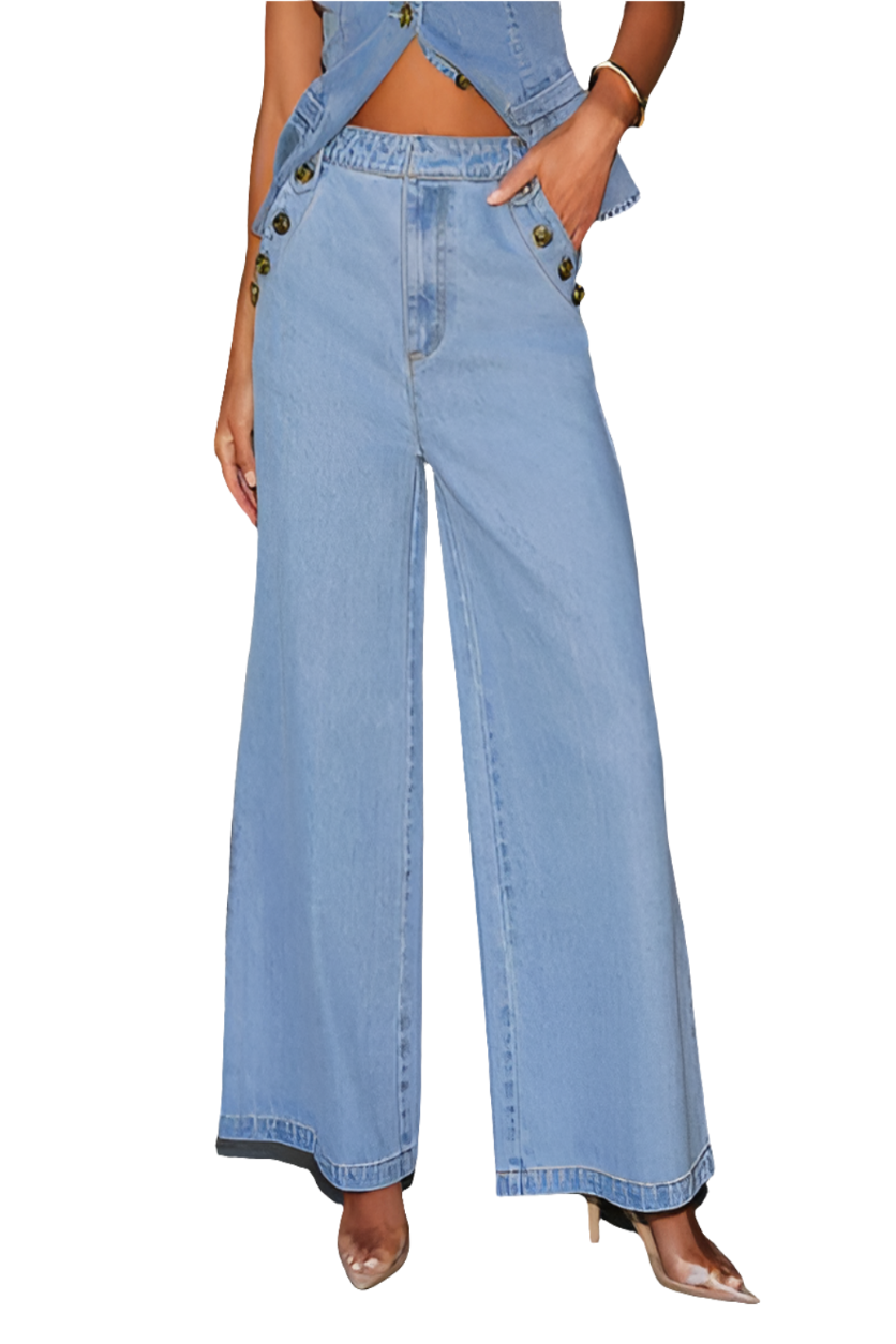 Button Decor High Rise Wide Leg Jeans