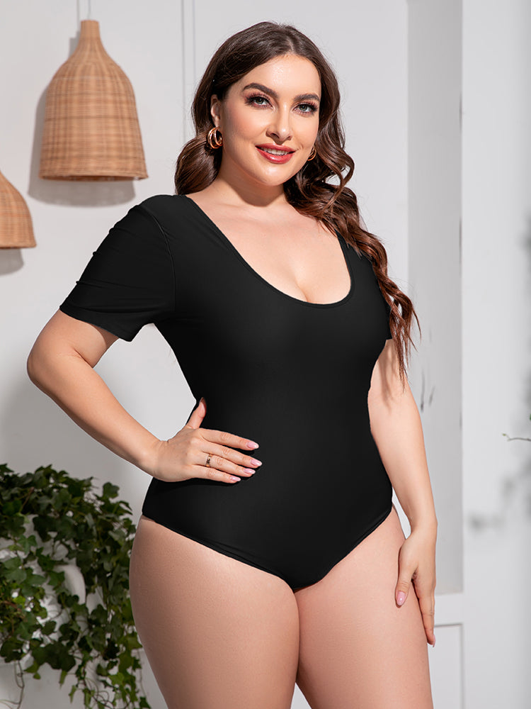 Plus Size Scoop Neck Short Sleeve One Piece Swimsuit - Stylish and Trendy Women's Fashion from Chic Yana's Fashion