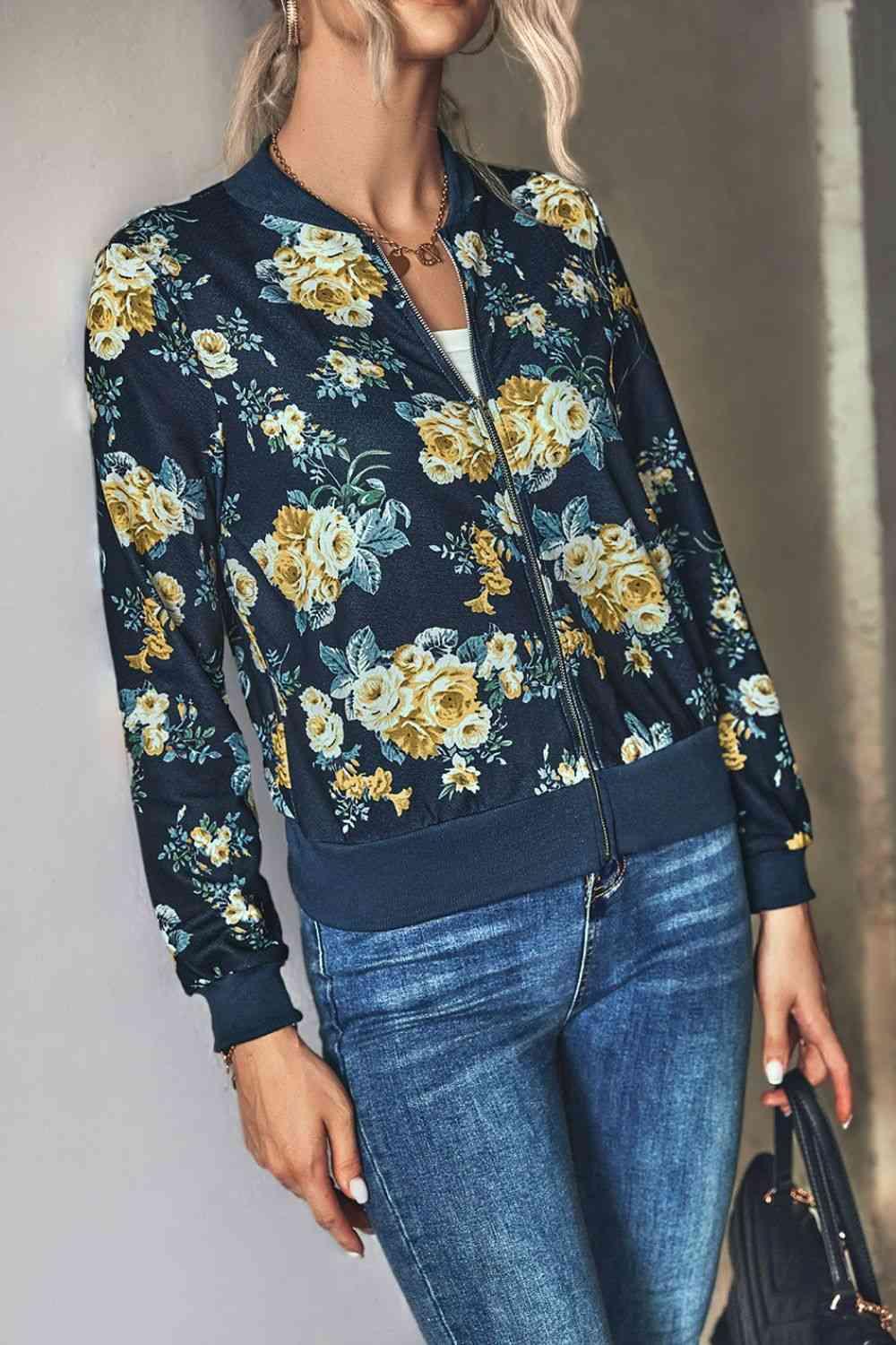 Floral Zip Up Ribbed Trim Bomber Jacket - Chic Yana's Fashion