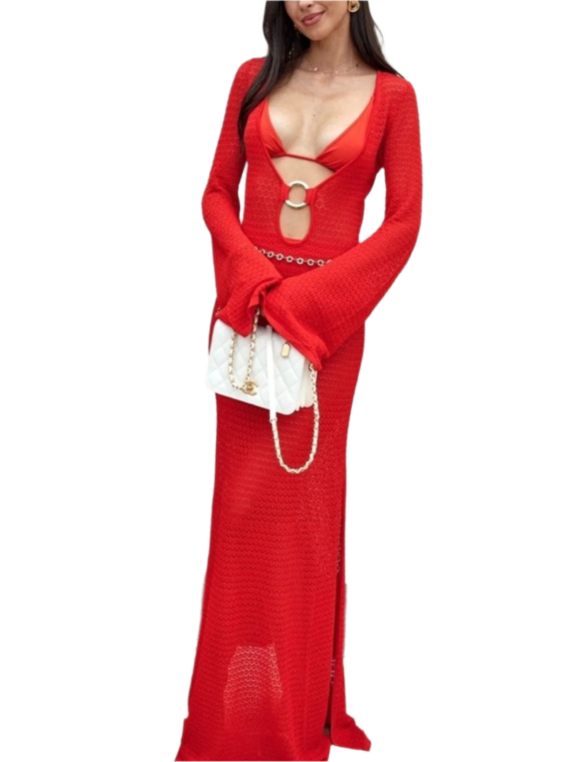 Slit Plunge Flare Sleeve Cover Up Dress 1 - Stylish and Trendy Women's Fashion from Chic Yana's Fashion